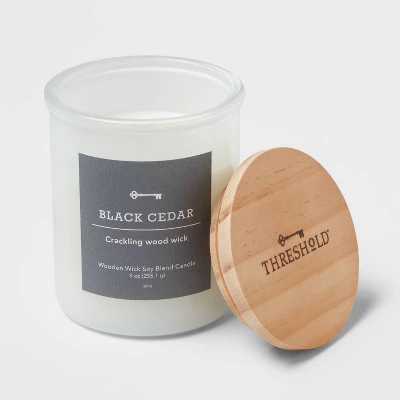 9oz Milky White Glass Woodwick Candle With Wood Lid And Stamped Logo Black Cedar - Threshold™ - Image 2