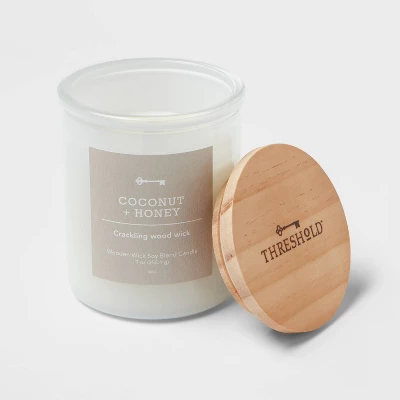 9oz Milky White Glass Woodwick Candle With Wood Lid And Stamped Logo Coconut And Honey - Threshold™ - Image 2