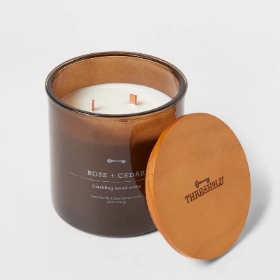 23oz XL 3-Wick Rose + Cedar Wooden Amber Glass With Wood Lid And Stamped Logo Amber - Threshold™ - Image 2