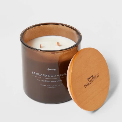 23oz XL 3-Wick Sandalwood + Smoke Wooden Amber Glass With Wood Lid And Stamped Logo Amber - Threshold™ - Image 2