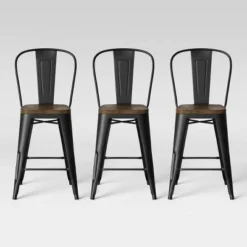 Set Of 3 Carlisle Backed Counter Height Barstool With Wood Seat Matte Black - Threshold™