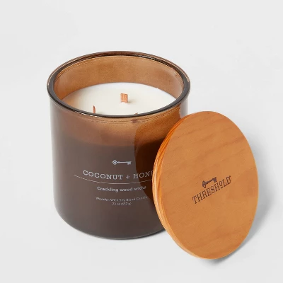 23oz XL 3-Wick Coconut + Honey Wooden Amber Glass With Wood Lid And Stamped Logo Amber - Threshold™ - Image 2