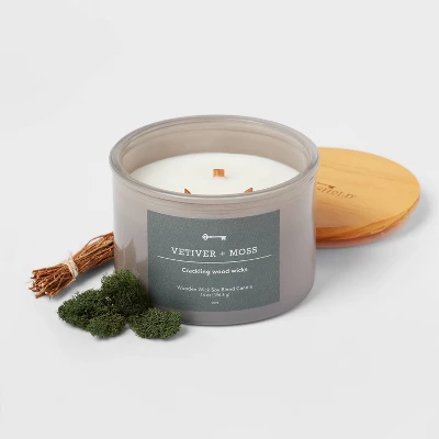 14oz Lidded Gray Glass Jar Crackling Wooden 3-Wick Candle With Paper Label Vetiver + Moss - Threshold™ - Image 2