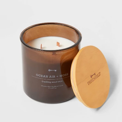 23oz XL 3-Wick Ocean Air + Moss Wooden Amber Glass With Wood Lid And Stamped Logo Amber - Threshold™ - Image 2