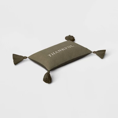 Thankful Embroidered Herringbone Lumbar Throw Pillow Dark Green - Threshold™ - Image 2