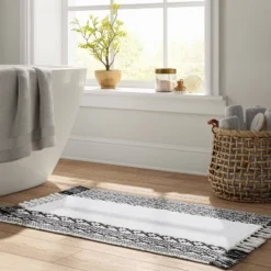 20"x32" Striped Fringe Bath Rug Black/White - Threshold™