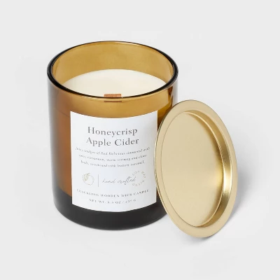 Clear Colored Glass With Woodwick And Brass Metal Inset Lid Honeycrisp Apple Cider Candle Yellow - Threshold™ - Image 3