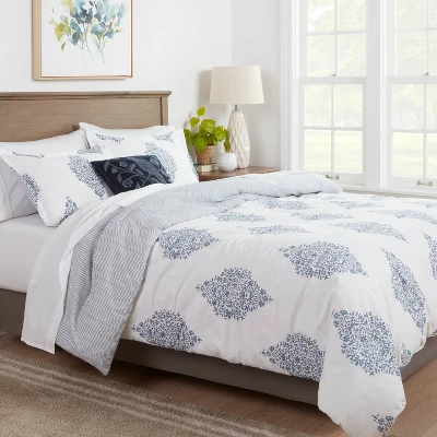 Reversible Medallion Family-Friendly Comforter & Sham Set White/Blue - Threshold™