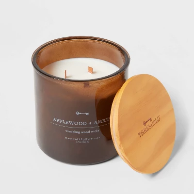 23oz XL 3-Wick Applewood + Amber Wooden Amber Glass With Wood Lid And Stamped Logo Amber - Threshold™ - Image 2